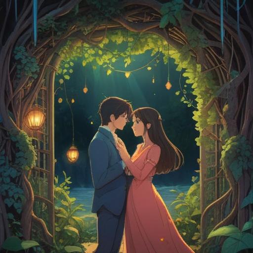 A serene scene depicting a couple in deep conversation, a soft glow surrounding them, symbolic elements like intertwined vines representing connection and tension, ethereal light illuminating their faces, a backdrop of calming nature, birds gently flying above, hinting at healing and understanding, 4k