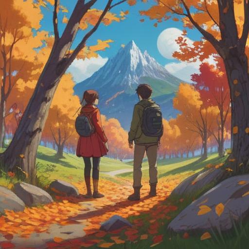 A couple arguing in a serene landscape, symbolic elements of spiritual growth, nature surrounding them, contrasting emotions, colorful autumn leaves representing change, soft sunlight breaking through the clouds, hope and understanding in their expressions, 4k