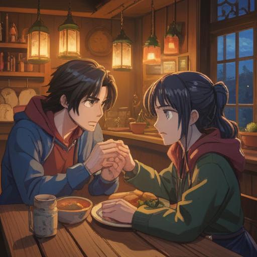 A couple sitting together at a cozy dining table, holding hands over a shining lucky stone, warm light illuminating their faces, a serene ambiance surrounding them, gentle smiles emerging as they resolve their differences, hints of nature in the background, peace and harmony, 4k