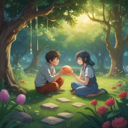 A couple holding a lucky stone together, symbolizing their bond, serene garden setting, soft sunlight filtering through trees, gentle expressions on their faces, intertwined hands, delicate natural surroundings, harmonious atmosphere, vibrant colors, emotional connection, 4k