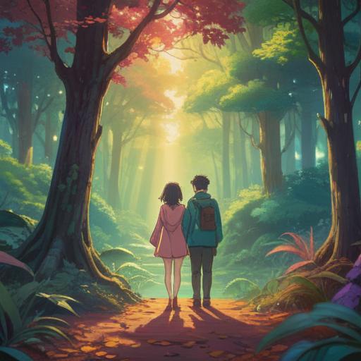 A serene scene depicting a couple standing apart in a tranquil setting, soft light filtering through trees, each figure surrounded by a subtle aura, symbols of spiritual growth in the background, a gentle breeze suggesting change, the essence of personal reflection and growth, harmonious nature elements, calm and respectful atmosphere, symbolic representation of unity despite differences, vivid detail, emotional depth, 4k