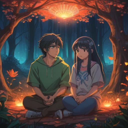 A serene and introspective scene, a couple sitting together but appearing distanced, subtle spiritual symbols in the background, glowing energy orbs around them, gentle waves of light signifying emotional turbulence, nature elements like trees and flowers representing growth, muted colors for a calm atmosphere, ethereal quality, 4k