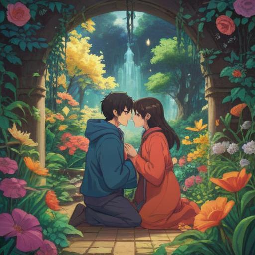 A serene and transformative scene of a couple experiencing spiritual growth, embracing each other in a peaceful garden, vibrant flowers symbolizing harmony, a gentle aura radiating light around them, ethereal elements representing understanding and connection, soft sunlight filtering through trees, showing their journey towards resolution, 4k