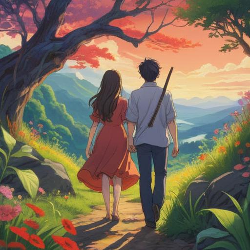 A serene illustration depicting a couple in a tranquil setting, surrounded by nature, vibrant energy flowing between them, symbols of growth and healing, tranquil expressions, soft light illuminating their faces, gentle connection, calming colors, peaceful atmosphere, harmonious relationship, 4k