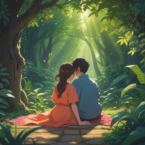 A serene and introspective scene of a couple sitting back to back in a tranquil garden, soft rays of sunlight filtering through the leaves, a gentle breeze rustling the flowers, each person lost in their own thoughts yet connected by an unseen energy, symbols of spiritual harmony floating around them, a subtle glow highlighting their figures, peaceful and reflective atmosphere, 4k