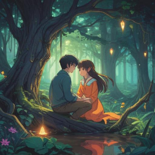 A serene and mystical illustration depicting a couple in a moment of introspection, ethereal light surrounding them, symbolic imagery of growth and healing, gentle colors blending in harmony, nature elements representing balance, soft focus on their expressions to convey hope, spiritual symbols in the background, tranquil atmosphere, 4k