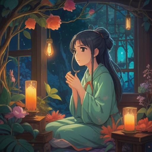 A serene and introspective scene depicting a woman in deep thought, surrounded by soft, ethereal light, symbols of spiritual growth such as blooming flowers and gentle waves, a sense of calm and clarity, a distant silhouette of a man representing emotional distance, harmonious color palette, peaceful atmosphere, 4k