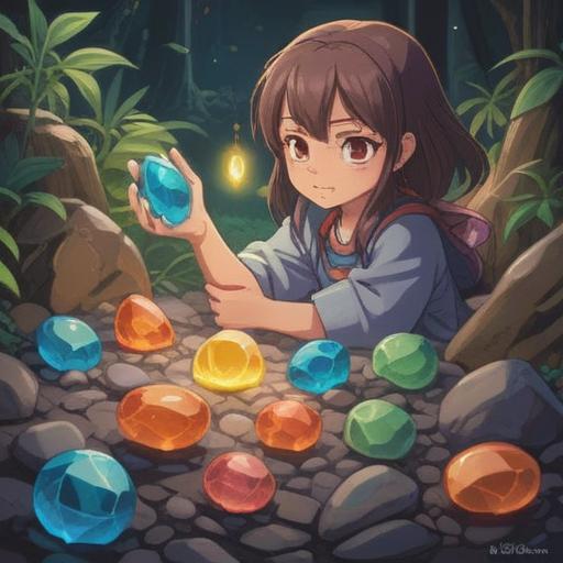 A calming and serene illustration of various lucky stones symbolizing emotional support, each stone radiating a gentle glow, surrounded by a peaceful nature setting with soft, flowing water and lush greenery, warm sunlight filtering through the leaves, inviting atmosphere, harmonious color palette, 4k