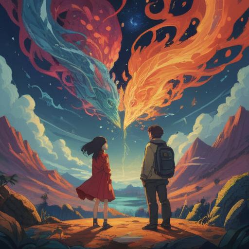 A spiritual representation of couple conflict, vibrant emotions depicted, tension in the air, symbolic imagery of communication barriers, contrasting energy fields, ethereal light, inner turmoil, harmonious colors clashing, 4k resolution