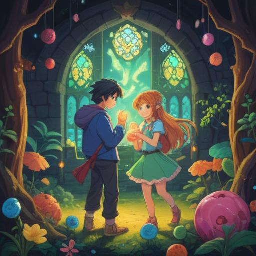 A whimsical scene featuring two characters surrounded by lucky charms, vibrant colors, dynamic poses that suggest tension turning into harmony, charms like four-leaf clovers and lucky cats scattered around, bright sunlight illuminating their faces, emotional expressions transitioning from anger to happiness, an enchanting background filled with soft clouds and a rainbow, magical atmosphere, 4k