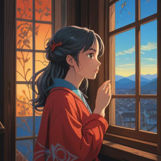 A contemplative scene depicting a woman gazing thoughtfully out of a window, soft light illuminating her face, surrounded by gentle symbols of spirituality like feathers and glowing orbs, a sense of introspection and connection with the universe, serene atmosphere, subtle hints of hope and guidance, calm colors, 4k