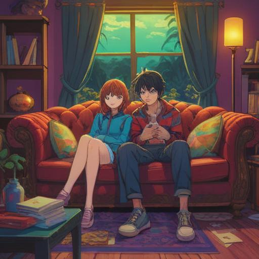 A couple sitting together on a couch, visibly communicating, showing a mix of frustration and hope, a small note on the table labeled