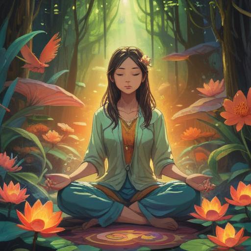 A serene illustration depicting the concept of spiritual growth, a woman meditating in a calming environment, surrounded by a gentle aura, symbolic representations of emotions, light rays shining through, peaceful nature setting, soft color palette, ethereal atmosphere, personal transformation, 4k