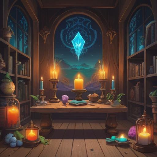 A serene and peaceful scene featuring various spiritual items such as crystals, incense, and candles, set on a wooden altar, surrounded by gentle light and soft shadows, symbolizing abundance and inner peace, lush greenery in the background, tranquil atmosphere, meditative vibe, harmonious colors, inviting textures, 4k