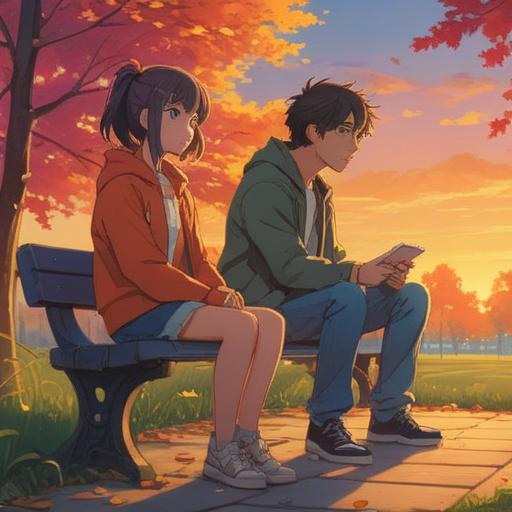 A couple sitting closely on a park bench, a warm sunset illuminating their faces, one partner looking concerned while holding the other's hand, ethereal light surrounding them symbolizing spiritual connection, subtle hints of nature reflecting emotional turmoil, gentle breeze causing leaves to flutter, serene environment, 4k