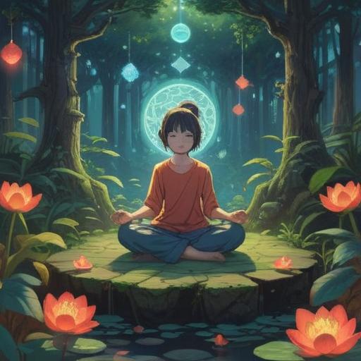 A serene and tranquil illustration of a person meditating in a peaceful natural setting, surrounded by soft light and ethereal symbols representing healing, gentle energy flows, blooming flowers, glowing aura, a gradient sky reflecting calm emotions, subtle hints of spiritual guidance, harmonious balance, 4k