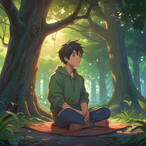 A serene and calming scene, a peaceful meditative space, gentle sunlight filtering through trees, a person sitting cross-legged on a soft mat, surrounded by candles and crystals, tranquil expression, nature sounds implied, harmonious environment, mindfulness practice, holistic wellness, soft color palette, 4k