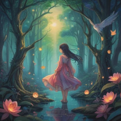 A serene dreamscape illustration, ethereal colors, mystical symbols, romantic elements, deep emotional connection, abstract representations of love, enchanting landscapes, spiritual awakening, intertwined paths, 4k