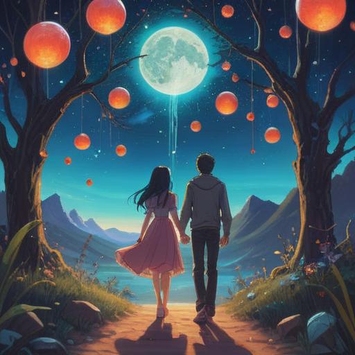 A serene dreamscape depicting a couple holding hands under a starry sky, ethereal surroundings, glowing orbs of light symbolizing positive energy, gentle waves of colorful light, a sense of connection and harmony, peaceful expression on their faces, lush nature in the background, 4k