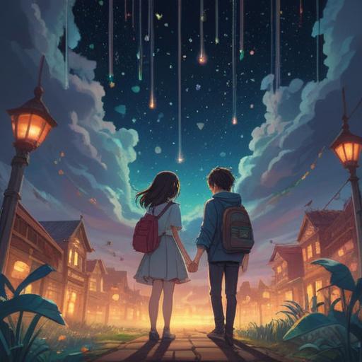 A whimsical illustration of a dreamscape, featuring a couple holding hands under a starry sky, surrounded by floating lucky numbers, a soft glow illuminating their faces, colorful dream elements like clouds and stars, ethereal atmosphere, playful and surreal design, 4k