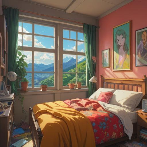 A vibrant and uplifting scene depicting a person waking up with a smile after dreaming about a loving relationship, sunlight streaming through the window, colorful surroundings filled with flowers and positivity, a sense of hope and newfound motivation, an aura of joy and transformation, 4k