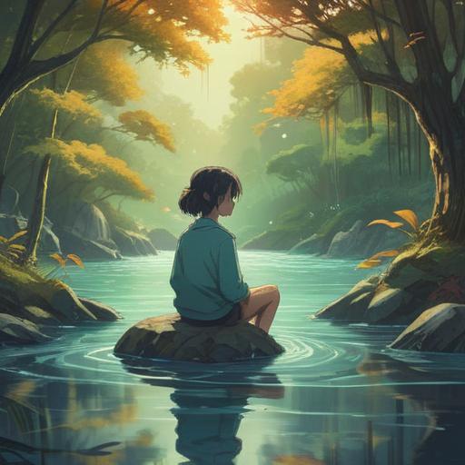 A serene illustration of a person sitting in a peaceful natural setting, surrounded by soft light and gentle flowing water, embodying a sense of calm and healing, symbols of spiritual awakening like butterflies and flowers, warm and inviting colors, tranquil expression, harmonious connection with nature, 4k