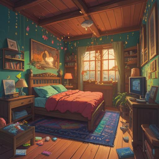 A hopeful scene of a person surrounded by lucky charms, vibrant colors, a cozy room filled with uplifting elements, warm sunlight streaming through the window, emotional resilience depicted, joyful atmosphere, positive energy, intricate details of each lucky item, 4k