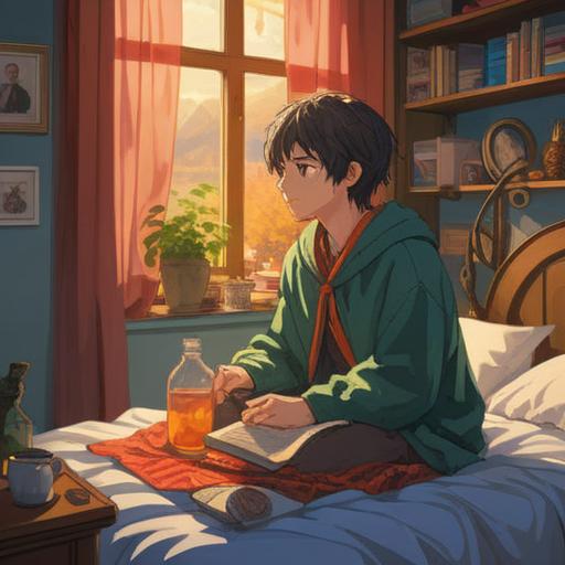 A young person sitting on a bed, surrounded by comforting items like warm blankets and herbal tea, deep in thought, sunlight streaming through the window, soft focus on a journal filled with love letters, gentle determination in their eyes, a sense of hope and recovery, serene room atmosphere, representing the journey from illness to love, emotional growth, soft lighting, 4k