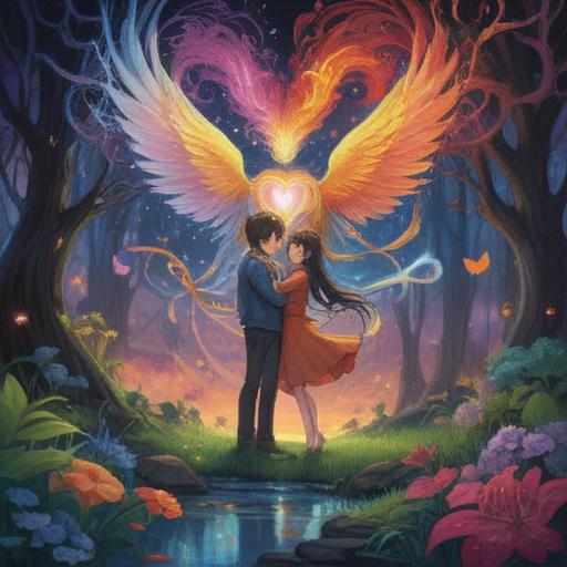 A spiritual illustration depicting the connection between love and healing, symbolic imagery of intertwined hearts, vibrant energy representing emotional support, serene background with soothing colors, gentle light radiating from the couple, a sense of transformation and growth, peaceful atmosphere, 4k
