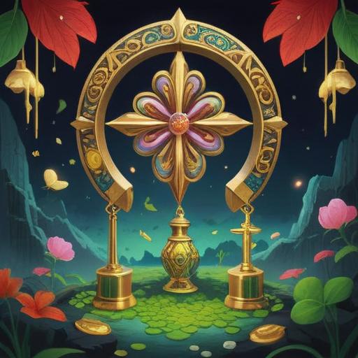 A vibrant illustration of lucky items symbolizing positive direction, featuring a shiny four-leaf clover, a golden horseshoe, a colorful fortune cookie, a sparkling lucky charm, a path leading towards a bright horizon, surrounded by soft sunlight and blooming flowers, inviting and hopeful atmosphere, 4k