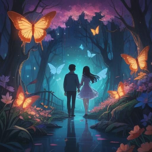 An enchanting scene depicting the signs of love approaching, gentle glowing lights, ethereal aura surrounding a couple, symbolic elements like butterflies and blooming flowers, a dreamy sunset in the background, soft pastel colors, mystical atmosphere, serene expressions, 4k