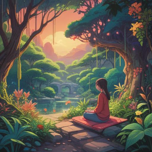 A serene and inspiring scene depicting the concept of a mindset that attracts love, a person meditating peacefully in a lush garden, vibrant flowers blooming around, soft sunlight filtering through the trees, a gentle breeze creating a romantic atmosphere, symbols of love and positivity in the background, warm color palette, ethereal vibe, 4k