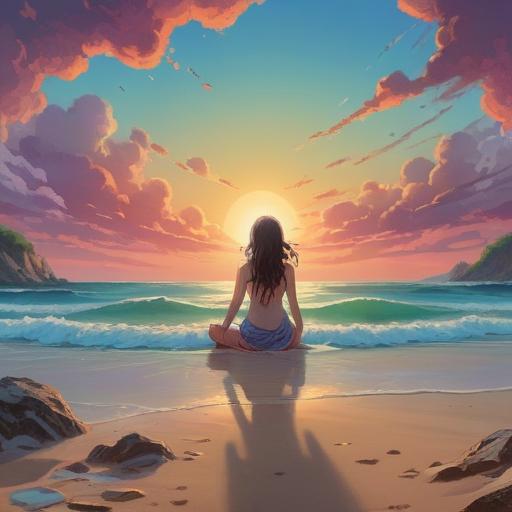 A serene and mystical landscape, symbolizing financial freedom, ethereal light illuminating a peaceful figure meditating on a beach, gentle waves caressing the shore, lush greenery in the background, harmonious balance between nature and wealth, vibrant aura surrounding the figure, conveying tranquility and abundance, 4k