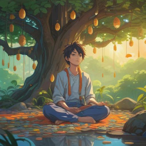 A serene illustration of a person meditating under a tree, surrounded by floating coins and symbolic charms, soft sunlight filtering through the leaves, harmonious nature elements, a sense of tranquility and abundance, spiritual energy radiating, vibrant colors, 4k