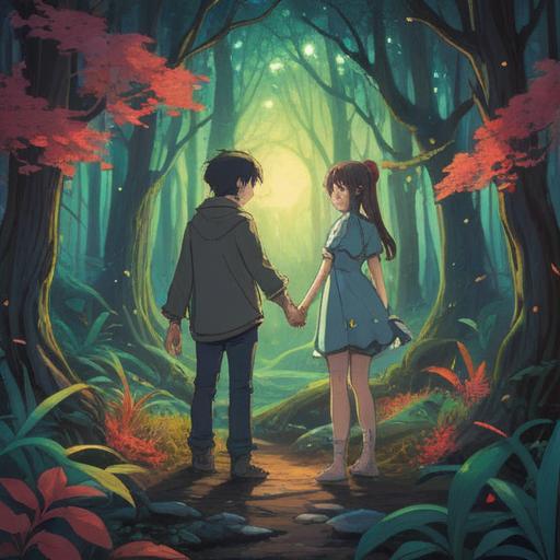 A thought-provoking illustration representing the spiritual meaning of infidelity, two intertwined souls in a mystical forest, contrasting emotions of love and betrayal, ethereal light illuminating the scene, symbols of connection and separation, deep reflective expressions, serene and chaotic elements balanced, artistic exploration of human relationships, 4k