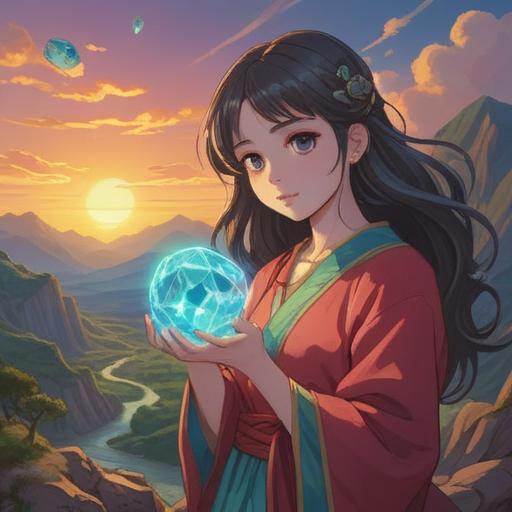 A woman holding a shimmering lucky stone, surrounded by ethereal light, a serene landscape with soft hills, symbolic representations of spiritual growth, vibrant colors reflecting emotions, intricate patterns on the stone, peaceful expression, harmonious connection with nature, 4k