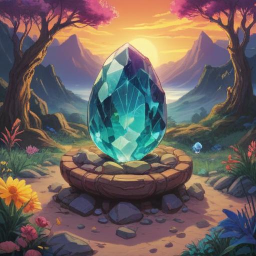 A conceptual illustration of a lucky stone representing positive transformation when encountering defective products, a shining gem radiating vibrant energy, surrounded by broken items turning into beautiful objects, an uplifting aura, contrasting colors, whimsical and hopeful atmosphere, 4k