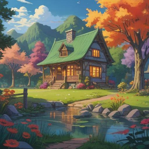A serene landscape featuring a harmonious home surrounded by nature, soft light illuminating the scene, symbols of prosperity and happiness such as blooming flowers and clear skies, gentle energy flow represented by spirals or light beams, peaceful atmosphere, inviting entrance, harmonious architecture blending with the environment, 4k