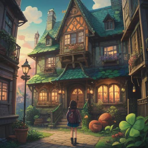 A vibrant illustration of a lucky charm that improves real estate connections, prominently featuring a decorative key, a four-leaf clover, and a small house, surrounded by bright colors and magical sparkles, symbolizing fortune and opportunity, encouraging atmosphere, detailed elements that showcase wealth and prosperity, 4k.