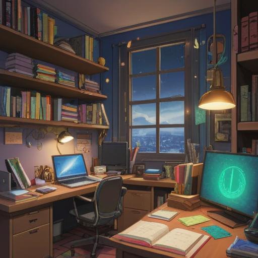 A cozy workspace setting, an organized desk filled with neatly arranged books, colorful sticky notes scattered, a laptop displaying an open document with bullet points, a steaming cup of coffee nearby, warm lighting creating an inviting atmosphere, 4k