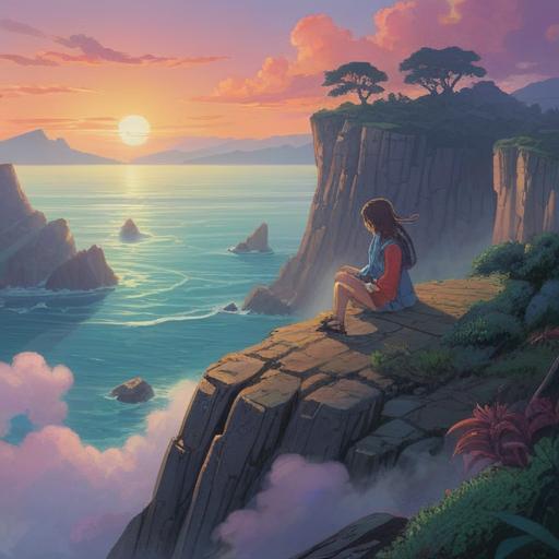 A serene and ethereal landscape, depicting a figure sitting on a cliff overlooking a vast ocean, surrounded by swirling mist, representing inner turmoil, soft light filtering through clouds, symbolizing hope and renewal, tranquil yet introspective mood, watercolor effect, 4k