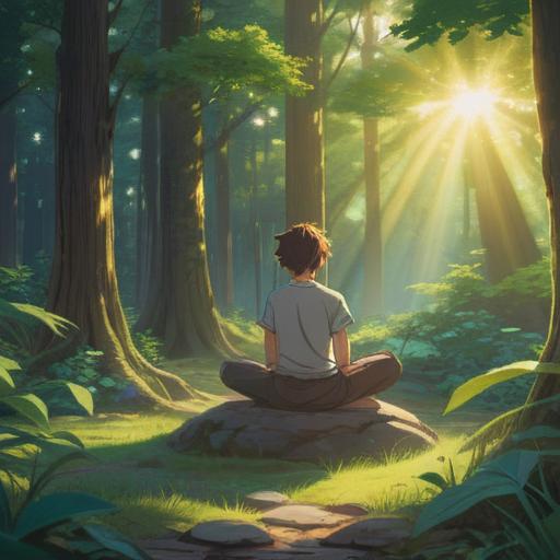 A serene and contemplative scene, a person meditating in a tranquil nature setting, soft rays of sunlight filtering through the trees, symbolizing inner peace and reflection, gentle flow of a nearby stream, vibrant greenery surrounding, a subtle aura representing spiritual growth, calm and uplifting atmosphere, 4k