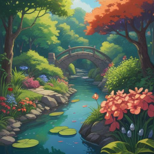 A serene scene depicting an individual practicing mindfulness in a tranquil garden, surrounded by lush greenery and blooming flowers, a gentle stream flowing by, soft sunlight filtering through the leaves, the person in a meditative pose, embodying peace and balance, an inviting atmosphere, 4k