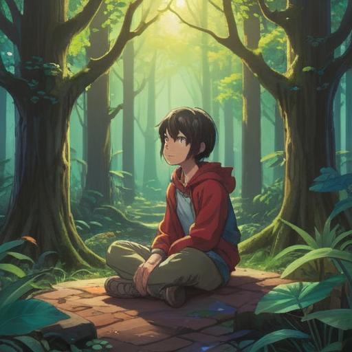 A serene and introspective scene, a person sitting cross-legged in a peaceful forest, surrounded by gentle light beams filtering through the trees, a subtle aura of energy around them, symbols of growth and transformation in the air, soft colors, calming atmosphere, spiritual elements like lotus flowers and butterflies, 4k