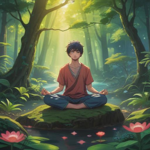 A serene scene depicting someone meditating in a tranquil setting, surrounded by gentle nature, soft light filtering through trees, symbols of intuition and awareness, a sense of calm amidst chaos, subtle hints of spiritual guidance in the environment, reflective water surface, peaceful expressions, 4k