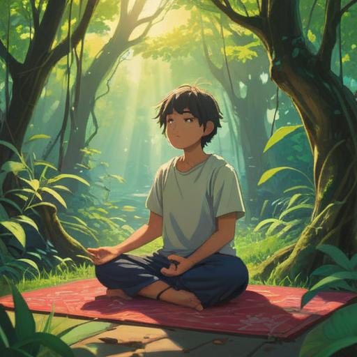 A serene scene of a person meditating in a peaceful natural setting, surrounded by lush greenery, sunlight filtering through the leaves, a gentle stream flowing nearby, symbols of good luck and fortune in the air, a sense of balance and harmony, showcasing new habits for personal growth, uplifting and positive energy, tranquility and mindfulness, 4k