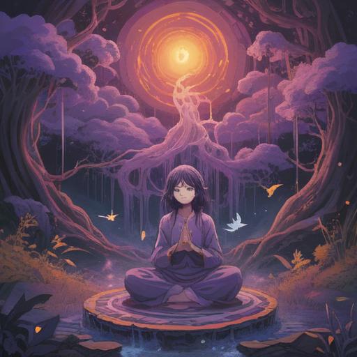 A mystical representation of ongoing discomfort, swirling energy patterns, a figure meditating in an ethereal landscape, surrounding auras of purple and blue, symbols of healing and transformation, subtle light emanating from the figure, serene yet introspective atmosphere, 4k