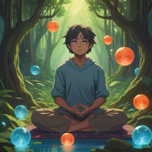 A serene scene depicting a person meditating in nature, surrounded by gentle light, ethereal orbs representing spiritual signs, a calm expression, lush greenery, soft flowing water nearby, hints of colorful flowers, symbolic guidance from the universe, tranquility and awareness, deep connection with self, 4k