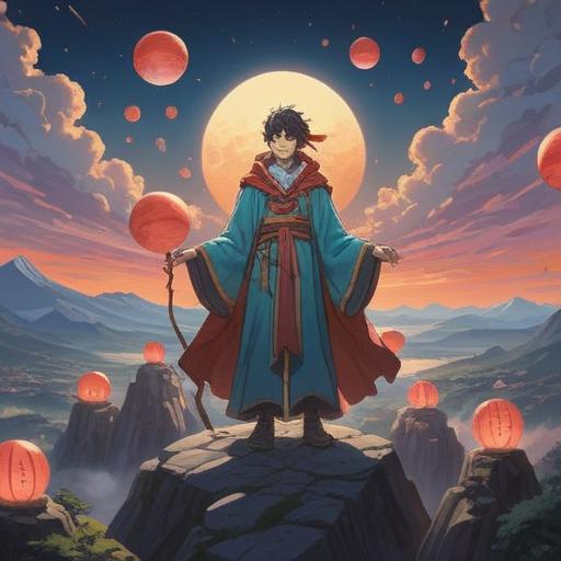 A serene spiritual guide standing on a mountain peak, surrounded by glowing orbs of light, gentle breeze flowing through their robes, warm sunlight illuminating the scene, symbols of new beginnings in the sky, a tranquil expression reflecting wisdom and encouragement, lush greenery in the foreground, inspiring atmosphere, 4k
