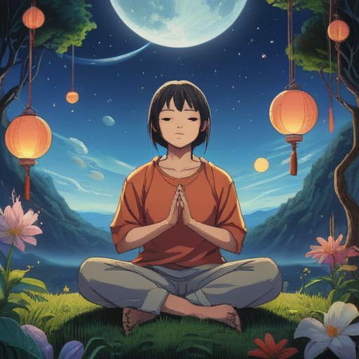 A serene illustration depicting a person in meditation under a calming moonlit sky, gentle light illuminating their face, surrounded by ethereal symbols representing spiritual awakening, soft flowing water nearby, a feeling of tranquility and insight, nature elements harmonizing the scene, 4k